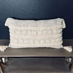 Boho Cream Gray Tassel Modern Farmhouse Rectangular Throw Pillow